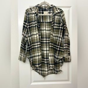 Size Small, distressed flannel, oversized fit